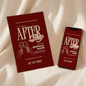 May include: A deep red wedding after-party invitation card and a smartphone displaying the same design. The text reads AFTER PARTY, CELEBRATING SOPHIA & ALLEN, JUNE 27, SUNDAY, 11PM, PERGOLA HILL, NY CITY, and SEE YOU THERE, with a line drawing of two wine glasses.