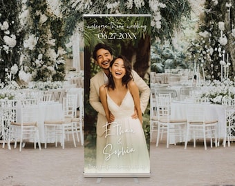 May include: A wedding banner featuring a smiling couple, with the text "welcome to our wedding" and the date "06.27.20XX". The banner also includes the names "Ethan & Sophia" in elegant script. The background shows a wedding reception setting.