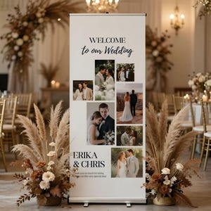 May include: A wedding welcome sign with the words "Welcome to our Wedding" and photos of a couple. The sign is in a room with floral arrangements and gold chairs. The sign also includes the names "Erika & Chris".