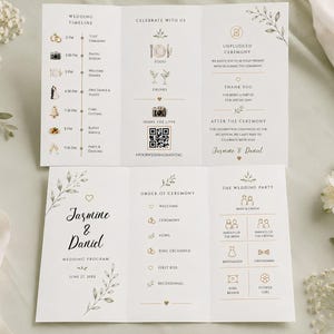 May include: A tri-fold wedding program printed on white paper with gold and black text and icons. The layout includes a wedding timeline, order of ceremony, unplugged ceremony notice, and a wedding party list featuring the names Jasmine and Daniel.
