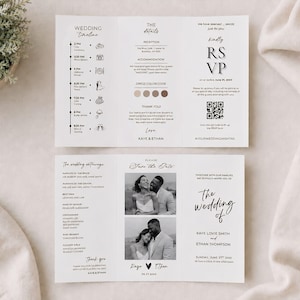 May include: A folded wedding invitation with a timeline, details, and RSVP information. The invitation includes photos of the couple, the wedding party, and the wedding date. The invitation is printed in black and white.