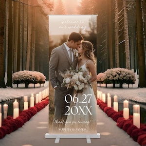 May include: A wedding welcome sign featuring a couple kissing, with the date "06.27 20XX" and the names "Sophia & James". The sign is set in a snowy forest with candles and floral arrangements.