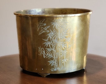 Vintage Napcoware Brass Cachepot Footed Planter Asian Motif Hong Kong 1970s