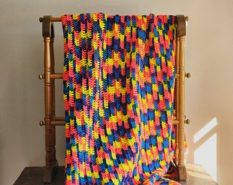 Vintage Multicolored Afghan Throw - Hand Crocheted - Orange - Yellow - Blue -Green- Purple