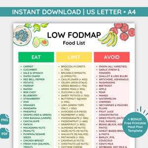 Puede incluir: Una lista de alimentos bajos en FODMAP imprimible, categorizada en secciones de Comer, Limitar y Evitar. El documento incluye frutas, verduras y otros alimentos, con información sobre las porciones. La parte superior de la página dice "INSTANT DOWNLOAD | US LETTER • A4".