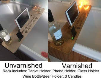 Wooden Personalised Bath Bar Tray Caddy Buddy Shelf Wine Tablet Phone Holder Mum
