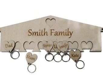 Personalised Wooden Key Holder Hearts Wall Mounted Birch Plywood Any Lettering