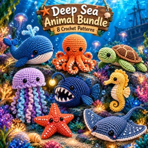 Könnte beinhalten: Eine Sammlung von acht gehäkelten Meerestieren, darunter ein blauer Wal, ein orangefarbener Oktopus, eine grüne Schildkröte, eine violette Qualle, ein dunkelblauer Anglerfisch, ein gelbes Seepferdchen, ein roter Seestern und ein blauer Rochen.