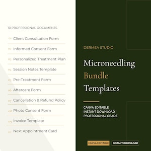 May include: A digital product advertisement for a microneedling bundle. The design features a dark green background with white and gold text. The text includes "Microneedling Bundle Templates" and a list of 10 professional documents. The product is Canva editable and available for instant download.