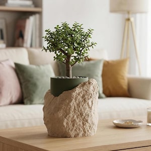 Può includere: Una piccola pianta verde in un vaso decorativo. Il vaso ha una parte superiore verde scuro e una base strutturata color marrone chiaro simile a una pietra. La pianta ha piccole foglie verdi e un tronco marrone. Il vaso è su un tavolo di legno.