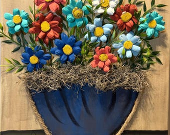 手描きの花柄キャンバスアート | カラフルな植木鉢の壁飾り | 素朴な農家風アクセント
