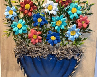 手描きの花柄キャンバスアート | カラフルな植木鉢の壁飾り | 素朴な農家風アクセント