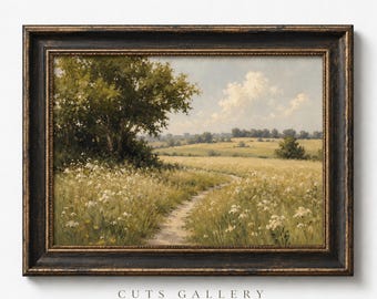 Cottagecore Meadow Wall Art, Country Landscape Painting Print, Farmhouse Printable