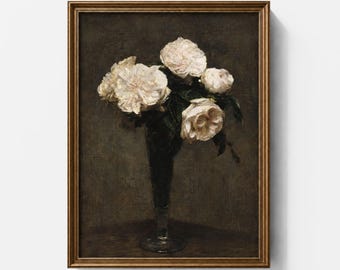 May include: An oil painting in a gold frame depicting a bouquet of white roses in a dark glass vase against a muted brown background. The thick, textured brushstrokes create a layered effect on the flower petals, contrasting with the dark tones.