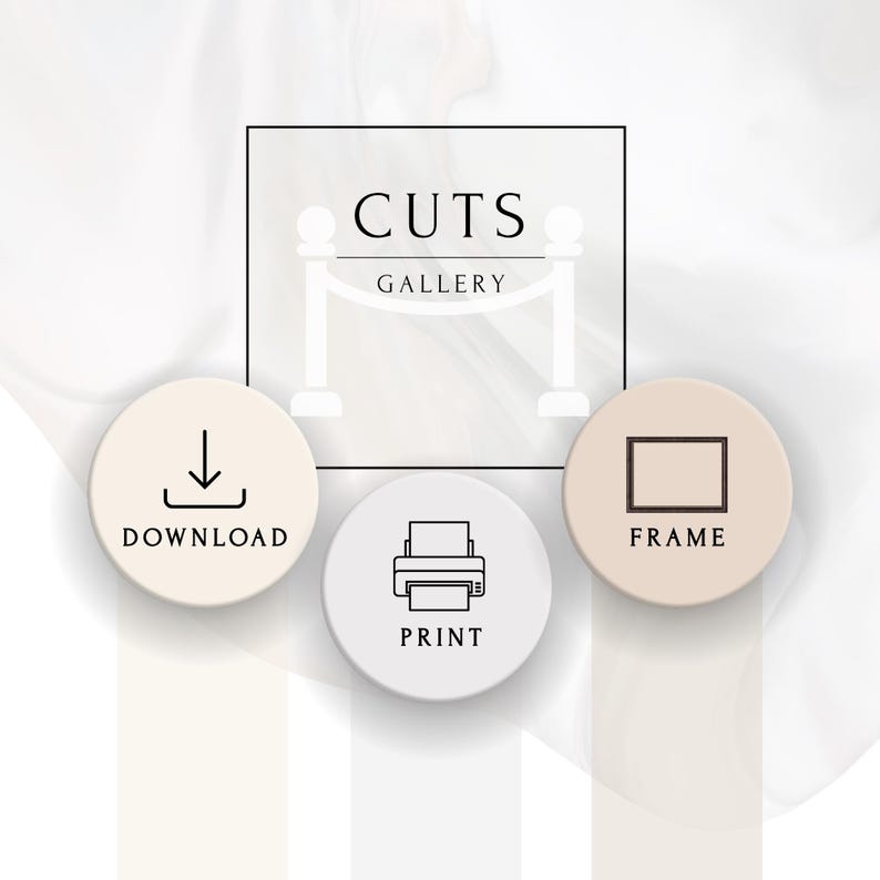 May include: A graphic design featuring the text CUTS GALLERY above three circular icons. The icons include a download symbol with the word DOWNLOAD, a printer icon with the word PRINT, and a rectangular frame icon with the word FRAME.