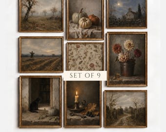May include: A set of nine framed wall art prints featuring autumn-themed scenes including pumpkins, a scarecrow in a field, a black cat, a candle in a holder, floral patterns, and landscapes. The text SET OF 9 and CUTS GALLERY is visible.
