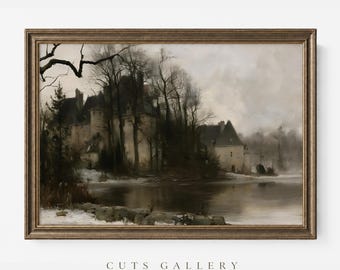 May include: A framed landscape painting depicting a stone castle nestled among bare trees beside a calm, reflective body of water under a cloudy sky. The scene features muted tones of gray, brown, and white, with the text CUTS GALLERY centered below.