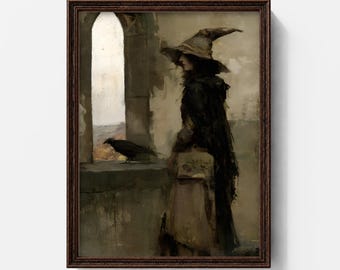May include: A framed wall art print depicting a figure in a dark cloak and a pointed hat standing near a stone archway. A black crow is perched on the ledge beside the figure. The color palette consists of muted earth tones, grays, and browns.