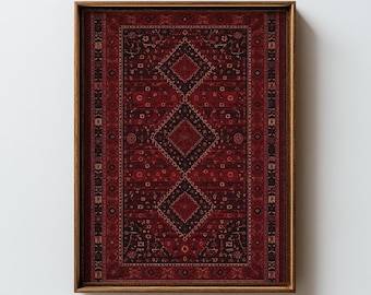 Red Persian Rug Wall Art, Vintage Kilim Pattern, Traditional Ethnic Decor (Digital Download)