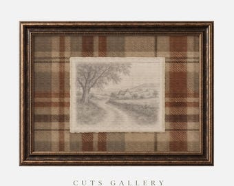 May include: A rectangular wall art piece featuring a landscape sketch of a tree and path on a textured cream fabric, mounted over a brown, tan, and rust-colored plaid fabric background, all enclosed within a dark, distressed bronze-toned frame.
