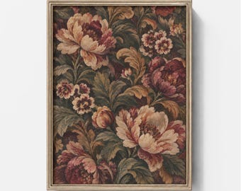 May include: A rectangular wall art print in a metallic frame featuring a dense floral pattern with large blooming peonies and smaller blossoms in shades of deep burgundy, muted pink, and cream, set against a dark, leafy green foliage background.
