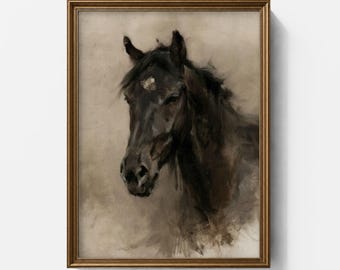 May include: A framed wall art print featuring a dark brown horse head portrait with a small white star marking on its forehead. The horse is rendered in a painterly style against a muted, neutral beige background, enclosed in a thin metallic frame.