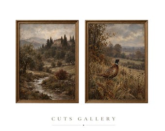 May include: Two framed landscape paintings in gold-toned frames. The left painting depicts a stream flowing through a hilly landscape with trees and a building. The right painting shows a pheasant standing in a grassy field. Text reads CUTS GALLERY.