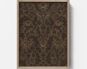 May include: A framed rectangular wall art piece featuring a dark brown and black botanical pattern with moths and crescent moons. The intricate design includes symmetrical foliage, seed pods, and winged insects in a muted, earthy color palette.