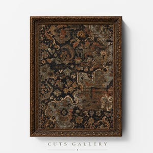 May include: A rectangular wall art piece featuring a dark, intricate floral and paisley pattern in shades of black, rust orange, and muted gray. The artwork is enclosed in a detailed, ornate metallic gold frame with a textured, carved border.
