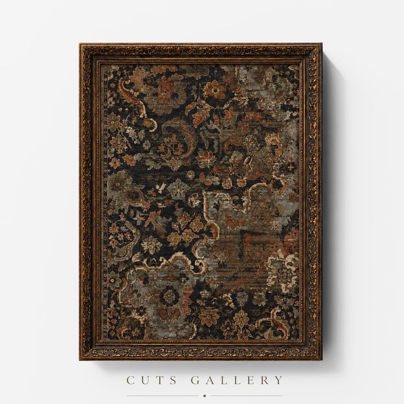 May include: A rectangular wall art piece featuring a dark, intricate floral and paisley pattern in shades of black, rust orange, and muted gray. The artwork is enclosed in a detailed, ornate metallic gold frame with a textured, carved border.