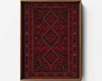 May include: A rectangular wall art print featuring a deep red and black rug pattern with three central diamond motifs, enclosed in a thin wooden frame. The text CUTS GALLERY is printed in black at the bottom center of the white background.