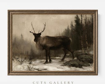 May include: A framed landscape painting in sepia tones depicting a reindeer standing in a snowy forest. The scene features a dark, antlered reindeer in the foreground with a misty, wooded background. The text CUTS GALLERY is centered below.