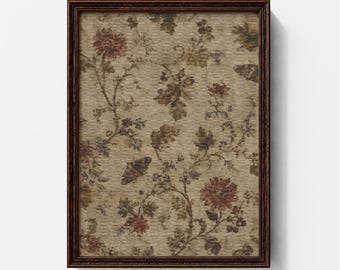 May include: A rectangular wall art piece in a dark brown frame featuring a beige background with a repeating pattern of dark red flowers, brown foliage, and small butterflies. The text CUTS GALLERY is printed in black at the bottom center.