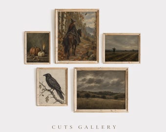 May include: A gallery wall set of five framed art prints featuring a dark, moody aesthetic. The collection includes a rider on horseback, a crow on a branch, pumpkins with a candle, a scarecrow in a field, and a cloudy landscape under a dark sky.