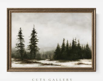 May include: A landscape painting in a dark bronze frame depicting a snowy forest scene with tall evergreen trees under a cloudy, overcast sky. The artwork features muted tones of white, gray, and dark green, with the text CUTS GALLERY below.