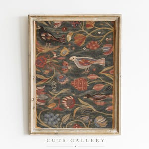 Textile Wall Art, Folk Art Print, Woodland Bird Tapestry, Vintage Heritage Decor