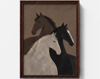 May include: A framed wall art print featuring a painting of three horses in brown, black, and white against a muted brown background. The horses are positioned overlapping each other. The text CUTS GALLERY is printed at the bottom of the image.