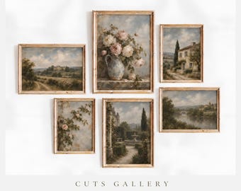 May include: A gallery wall set of six framed landscape and floral art prints in wooden frames. The collection includes paintings of a stone house, a garden fountain, a river scene, a vase of pink and white roses, and climbing rose vines.