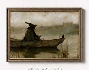 May include: A framed oil painting depicts a figure in a dark cloak and pointed hat rowing a wooden boat on a misty lake. A small black cat sits at the bow, and a faint castle silhouette appears in the background. The text CUTS GALLERY is below.