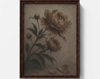 May include: A framed wall art print featuring a sepia-toned illustration of blooming peonies and closed buds on a textured background. The artwork is encased in a dark brown wooden frame with a detailed, carved border design.