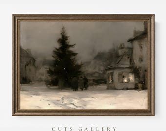 May include: A framed landscape painting in muted sepia tones depicting a snow-covered town square with a large, dark evergreen tree at the center. Several figures stand near the tree, and a building with glowing windows is visible on the right.