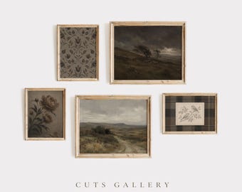 May include: A gallery wall set of five framed art prints featuring a dark floral pattern, a stormy landscape, a botanical flower study, a rolling hills scene, and a bird illustration on a plaid background, all enclosed in light wood frames.