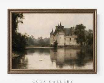 May include: A framed landscape painting in muted sepia tones depicting a stone castle with towers situated on the edge of a calm lake. A single white swan swims in the foreground water. The text CUTS GALLERY is printed at the bottom center.