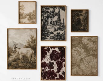 May include: A gallery wall set of five framed prints featuring a landscape with a goat, a forest scene, a classical architectural ruin, a floral pattern, and a grape vine motif. Each print is enclosed in a thin gold frame on a white wall.