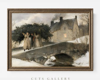 May include: A framed oil painting depicting two figures in long coats carrying a large bundle of evergreen branches across a stone bridge. In the background, a stone house with a smoking chimney sits in a snowy landscape under a cloudy sky.