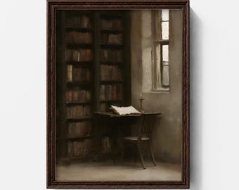 May include: A framed wall art print depicting a dark library interior with tall wooden bookshelves filled with books, a small wooden desk with an open book, a wooden chair, and a single candle, all illuminated by light from a window.