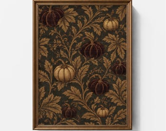 May include: A framed vertical wall art print featuring a dark, textured background with a repeating pattern of deep burgundy and light tan pumpkins intertwined with scrolling golden-brown foliage and leaves. The frame is a metallic bronze color.