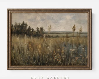 May include: A landscape painting in a dark bronze frame depicting a field of tall grasses and wildflowers under a muted sky. Dark green trees line the horizon, and the foreground features textured brushstrokes in shades of brown, gold, and muted green.