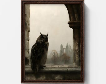 May include: A framed wall art print featuring a dark owl perched on a stone ledge within a stone archway. The background displays a misty landscape with distant ruins and trees in muted, earthy tones. The frame is a dark brown wood.