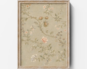 May include: A framed vertical wall art print featuring a muted sage green background with a delicate, repeating botanical pattern of climbing vines, small green leaves, and soft peach and white floral blossoms in a vintage-inspired illustration style.